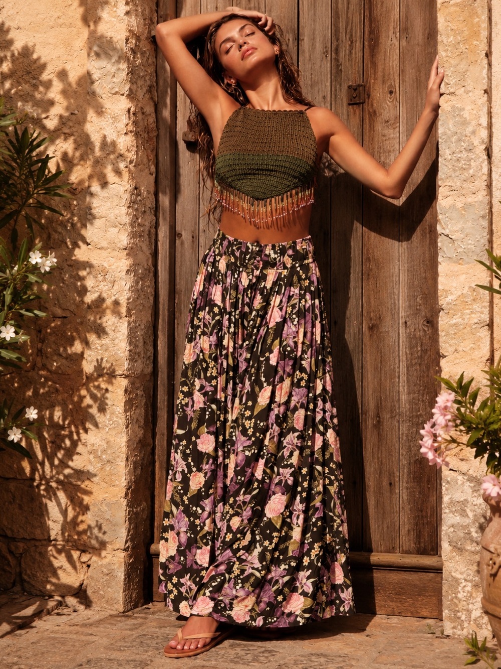 Agua Bendita Hanne Wide Leg Floral Print Pleated Pants  Size S